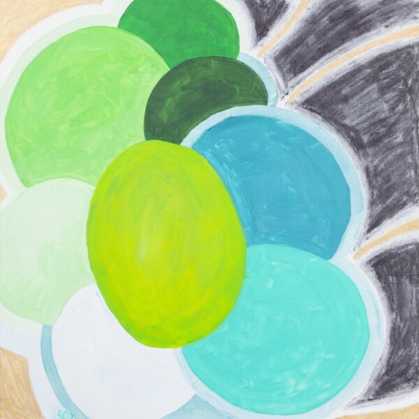 Green Pebbles, acrylic, charcoal and oily chalk on canvas, 50x50cm