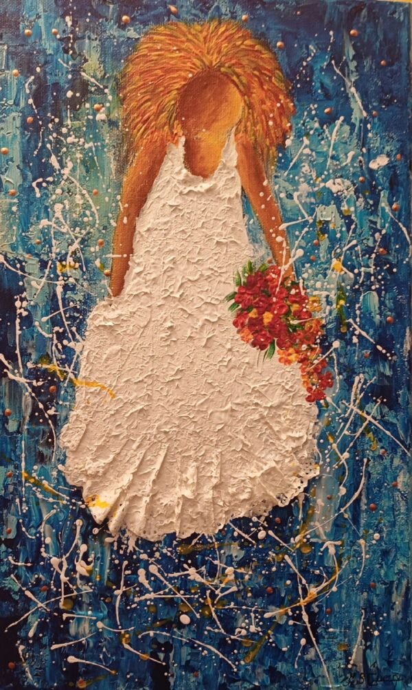 Dans cette œuvre, j’ai voulu exprimer la douceur et la force intérieure d’une petite fille à travers des formes floues et des textures riches qui offre des fleurs à sa Maman. Le contraste entre le fond expressif et la robe texturée symbolise la complexité des émotions maternelles. Ce tableau emplit l’espace de tendresse vibrante, apportant chaleur et profondeur à votre intérieur. Unique et Originale Artiste cotée