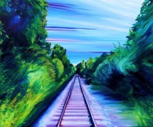 Paysage en expressionnisme contemporain – voie ferrée à travers la nature, peinture à l’huile originale d’Ewa Hewelt