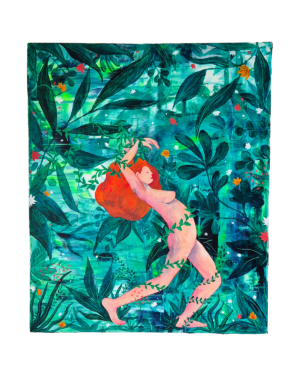 Peinture dans les couleurs vertes et oranges représentant une femme nu dans la nature