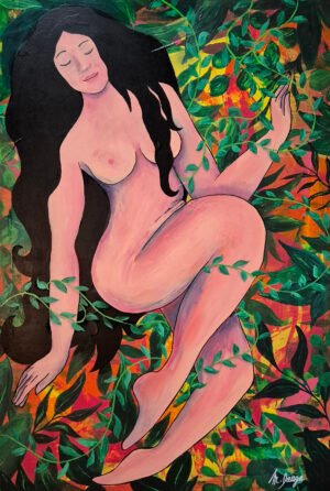 peinture sur contreplaquée d'une femme en osmose avec la nature